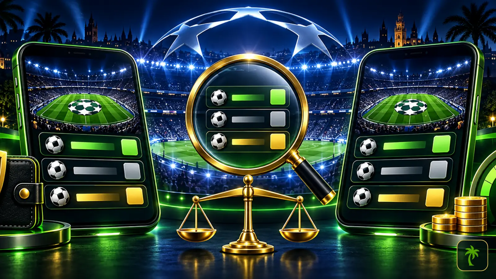 تطبيقا مراهنة وعدسة مكبرة وميزان لمقارنة مواقع مراهنات دوري أبطال أوروبا من حيث الاحتمالات والدفع والقيمة