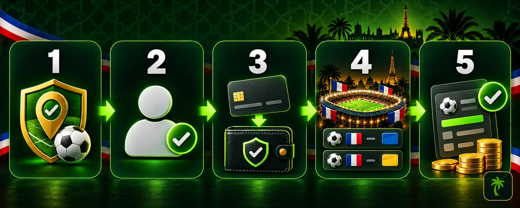 خمس خطوات للمراهنة على الدوري الفرنسي: التحقق من الوصول، توثيق الحساب، الإيداع، اختيار المباراة وتأكيد القسيمة