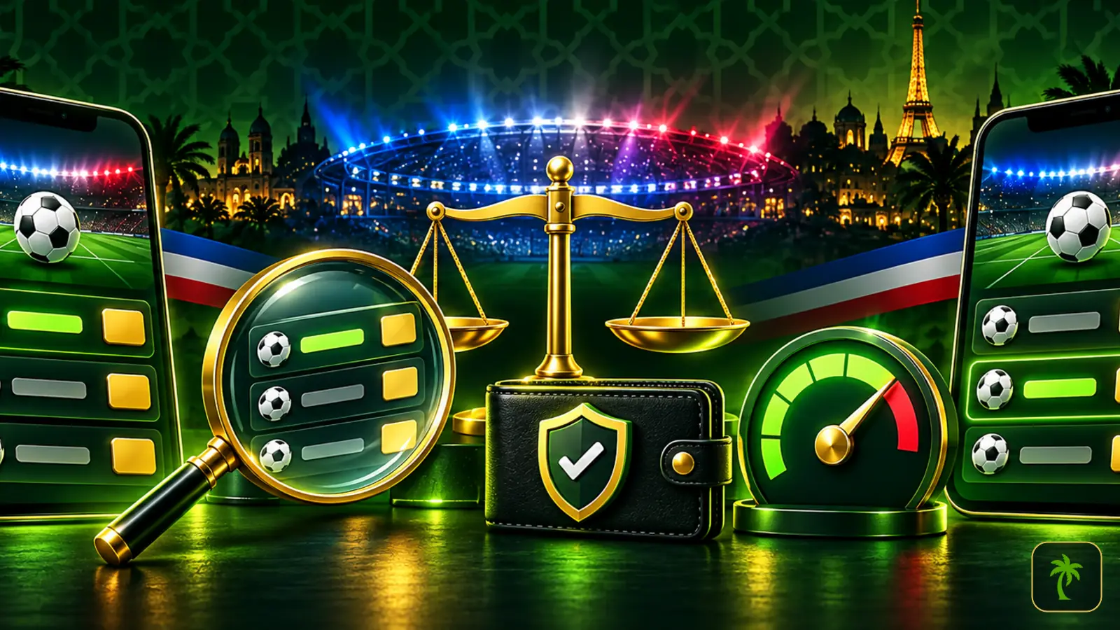 عدسة مكبرة وميزان ومحفظة آمنة ومؤشر سرعة لمقارنة مواقع مراهنات الدوري الفرنسي من حيث الاحتمالات والدفع