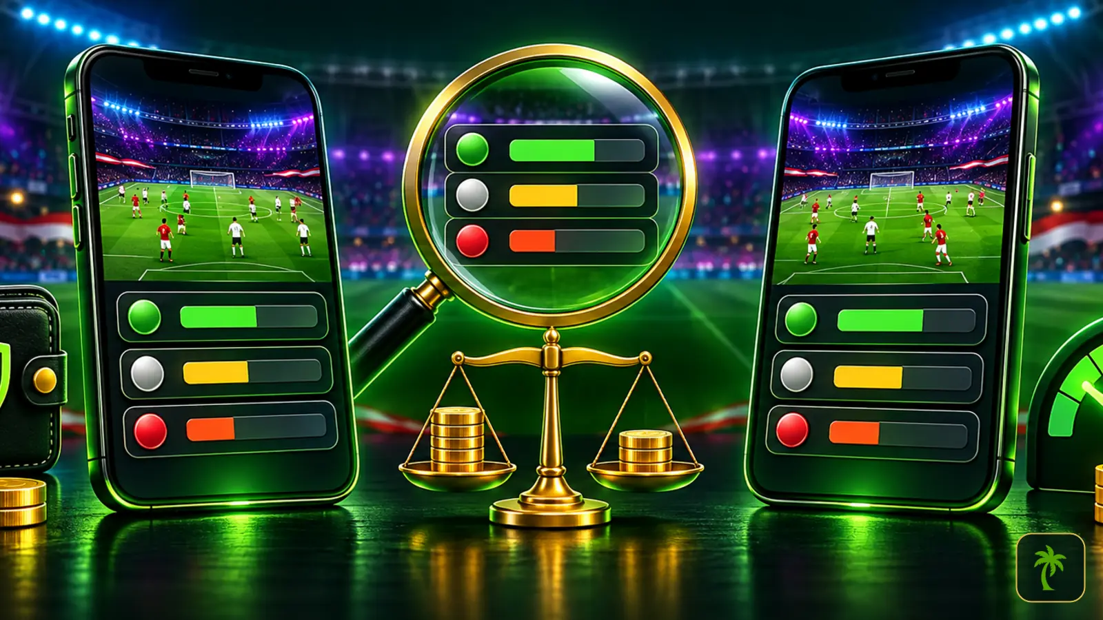تطبيقا مراهنة وعدسة مكبرة وميزان بالعملات لمقارنة مواقع مراهنات الدوري الإنجليزي من حيث الاحتمالات والقيمة